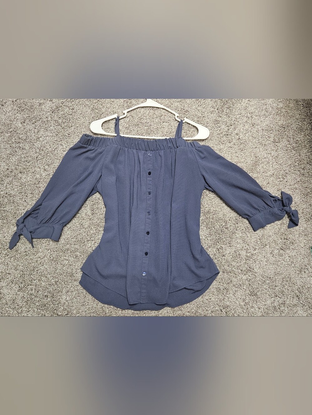 by & by Off-Shoulder Navy Blue Button-Front Blouse